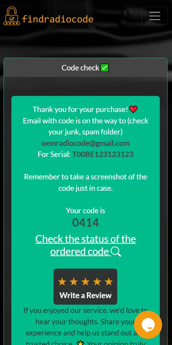 Thank you page showing instant radio code delivery